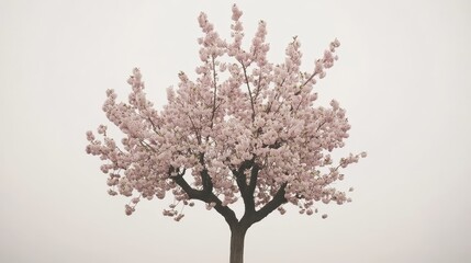 Naklejka premium A vibrant tree adorned with delicate pink blossoms stands proudly in the center of a lush green field, surrounded by a gentle breeze that sways the grass and petals.