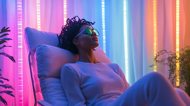 Relaxation with chromotherapy lights. Woman reclining in cozy space with color-changing lights. Symbol of power of chromotherapy in stress relief, mood enhancement and holistic healing