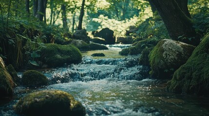 Fototapeta premium Serene Stream Flowing Through Mossy Rocks in a Peaceful Forest