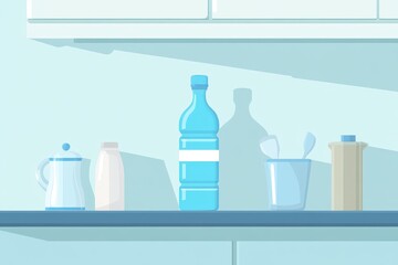 Colorful Illustration of Kitchen Counter with Various Bottles and Utensils