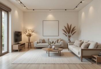 Fototapeta premium Modern interior design living room cozy home digital art bright environment wide angle comfort and style