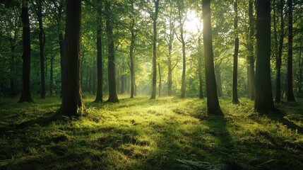 Obraz premium Serene Woodland Glade Illuminated by Soft Late Afternoon Light