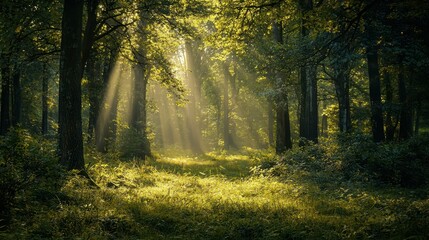 Naklejka premium Soft Light in a Quiet Woodland Glade During Late Afternoon Glow