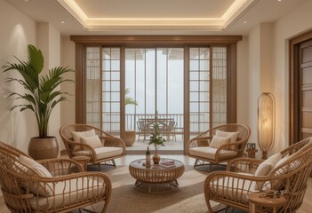 Elegant rattan lounge coastal retreat interior design serene atmosphere wide angle relaxation concept