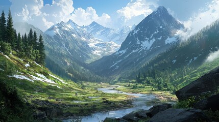 Serene Remote Mountain Valley with Snow Patches and Lush Greenery