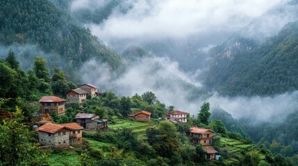 Remote Mountain Village Nestled in a Valley Surrounded by Mist
