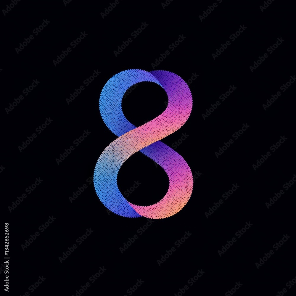 Poster vibrant stippled number eight with a smooth color gradient on a dark black background.