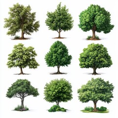 Fototapeta premium A Collection of Diverse Trees Depicting Various Leaf Shapes, Sizes, and Textures Against a White Background for Nature and Landscaping Themes