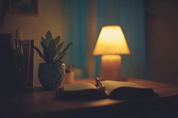 Cozy Desk Setup with Open Book and Soft Lamp Light at Night