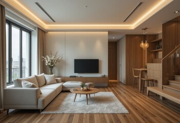 Modern living room design urban apartment interior photography cozy environment contemporary viewpoint minimalist concept for seo impact
