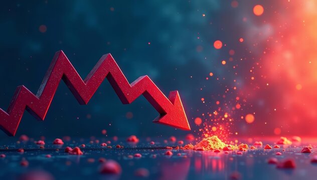 Illustration of arrow pointing downwards representing stock market crash, symbol , drop, plummet