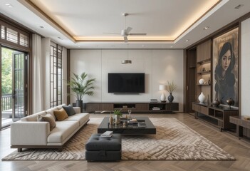 Fototapeta premium Modern living room design urban apartment interior photography contemporary style wide angle aesthetic comfort