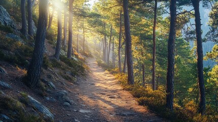 Obraz premium Serene Secluded Mountain Path Surrounded by Tall Pines at Dawn