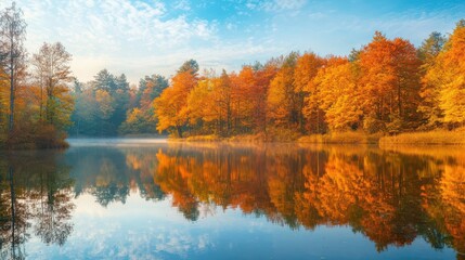 Serene Autumn Landscape with Colorful Trees and Reflective Water