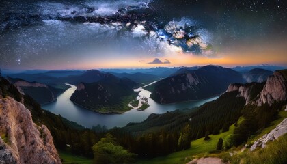 landscape and scenery of the forest, mountain at night with beautiful milky way on the sky, shimmering 