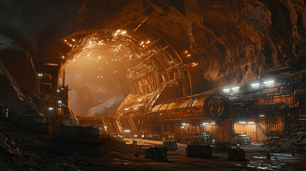 Abandoned Spacecraft Cavern with Futuristic Industrial Interior and Mysterious Sci-Fi Atmosphere