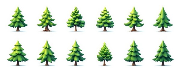 Obraz premium Set of pine tree icons in various styles and sizes on white background, green, forest, collection