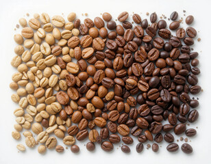 A visually appealing arrangement of coffee beans showing different roast levels from light to dark.