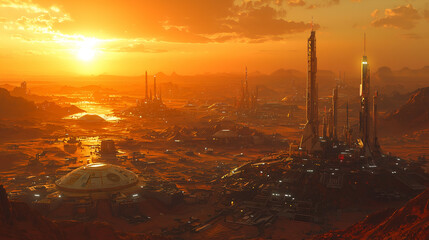 Futuristic Cityscape on Mars: A Sunset View of Sci-Fi Urban Architecture and Energy Innovations