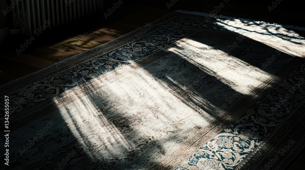 Poster soft spotlight casting shadows on patterned rug with intricate design