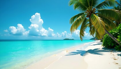 Fototapeta premium Tranquil tropical beach with white sand and turquoise water, summer vacation paradise, turquoise, summer, sand