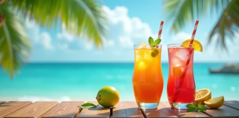 Two fruity drinks on a table by the ocean, with palm trees in the background, cocktails, refreshment, beverages