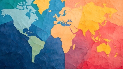 A colorful abstract map of the world showcasing diverse regions and cultures.