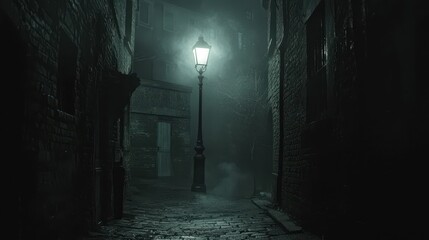 Mysterious Alley with Streetlamp and Glow in Foggy Night Scene