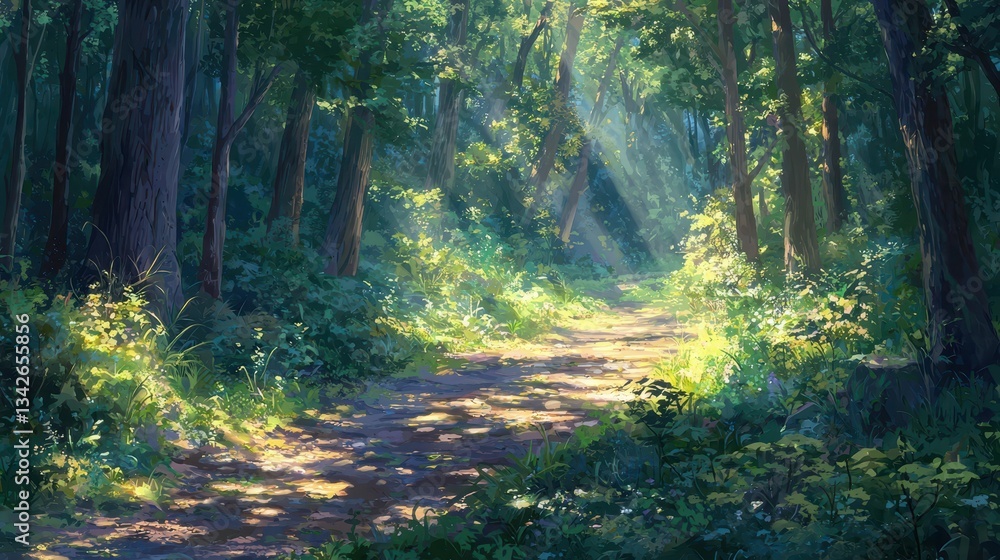 Poster sunlit forest path with dappled light filtering through trees