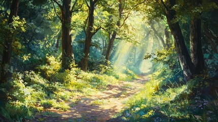Obraz premium Sunlit Forest Path with Dappled Light Filtering Through Trees