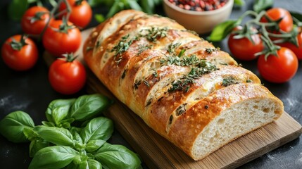 A golden loaf, freshly baked, lay invitingly beside a vibrant array of ingredients: ripe tomatoes, fragrant herbs, and a cascade of fresh basil.