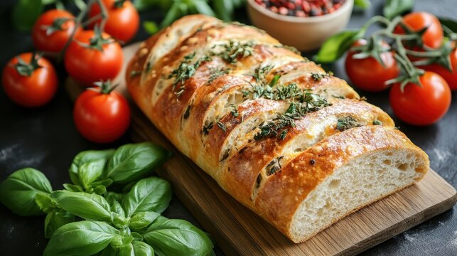 A golden loaf, freshly baked, lay invitingly beside a vibrant array of ingredients: ripe tomatoes, fragrant herbs, and a cascade of fresh basil.