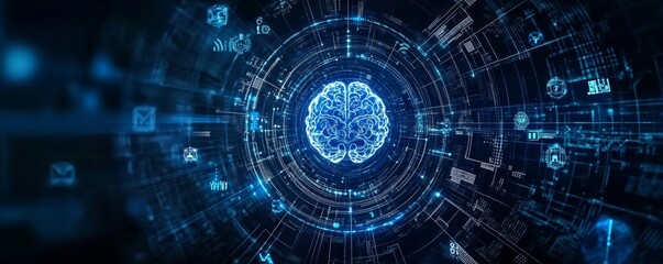 Fototapeta premium Futuristic Concept of Artificial Intelligence Represented by Digital Brain Surrounded by Network Connections and Data Elements in Dark Background