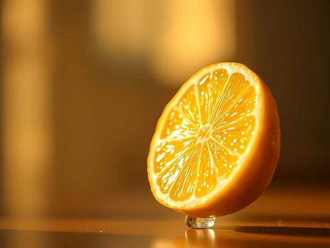 Juicy orange slice gleams with vibrant segments under golden sunshine. Translucent pulp reveals fresh citrus flavor while zest adds tangy aroma