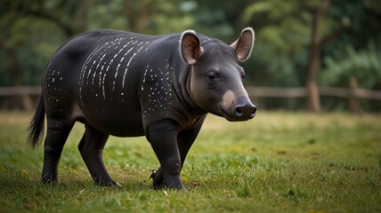 Dark-colored mammal, foraging in a grassy field