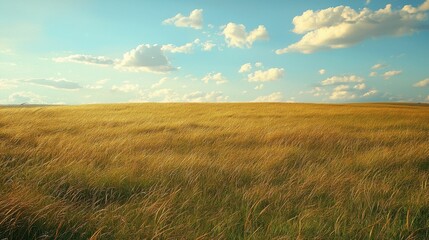 Obraz premium Vast Grassland Stretching to the Horizon Under Blue Sky and Clouds