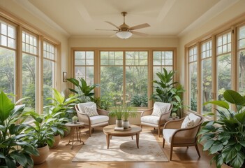 Fototapeta premium Relaxing sunroom retreat with lush greenery modern interior peaceful atmosphere natural light