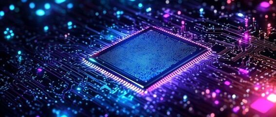 Obraz premium Abstract close-up view of a glowing microchip on a colorful circuit board with bright lights and intricate patterns emphasizing technology and innovation