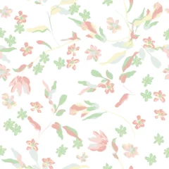 Gordijnen Floral seamless pattern features flowers and leaves in soft pastel shades of pink, green, and yellow on white background. The flowers and leaves have a painterly, slightly abstract quality © momosama