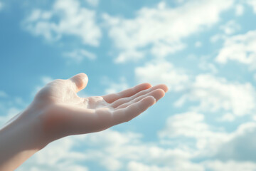 A hand reaching out towards a clear blue sky with soft clouds, symbolizing hope.
