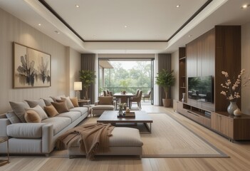 Elegant living room design modern apartment interior photography cozy environment wide view contemporary aesthetics