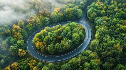 Winding Road Disappearing into Foggy Forest Landscape Photography