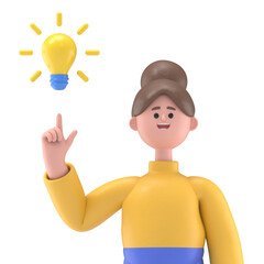 3D illustration of Asian woman Angela pointing finger at light bulb generating new ideas.Transparent Background Mockup. Supports PNG files with transparent backgrounds.