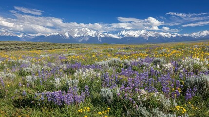 Fototapeta premium Scenic Alpine Meadow with Wildflowers and Snow-Capped Peaks