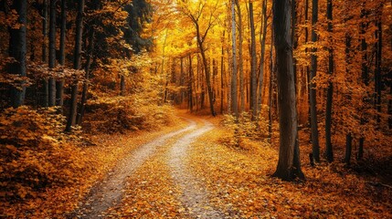 Obraz premium Winding Path Through Autumn Forest with Vibrant Golden Leaves