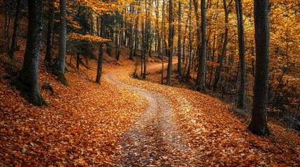 Obraz premium Winding Path Through Autumn Forest with Golden Leaves Underfoot