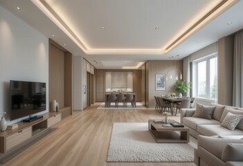 Fototapeta premium Elegant modern living room design contemporary home interior photography cozy environment wide angle aesthetic appeal