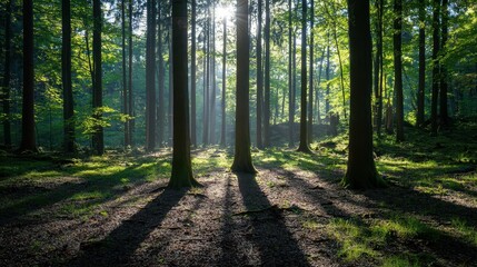 Obraz premium Bright Sunlight Casting Shadows of Trees in a Serene Forest Scene