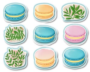 Colorful macarons and plants on white backdrop