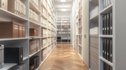 Corporate office environment, pristine white wall space, systematic file organization, mixed storage solutions, premium office seating, wooden floor pattern, ambient natural light, clean